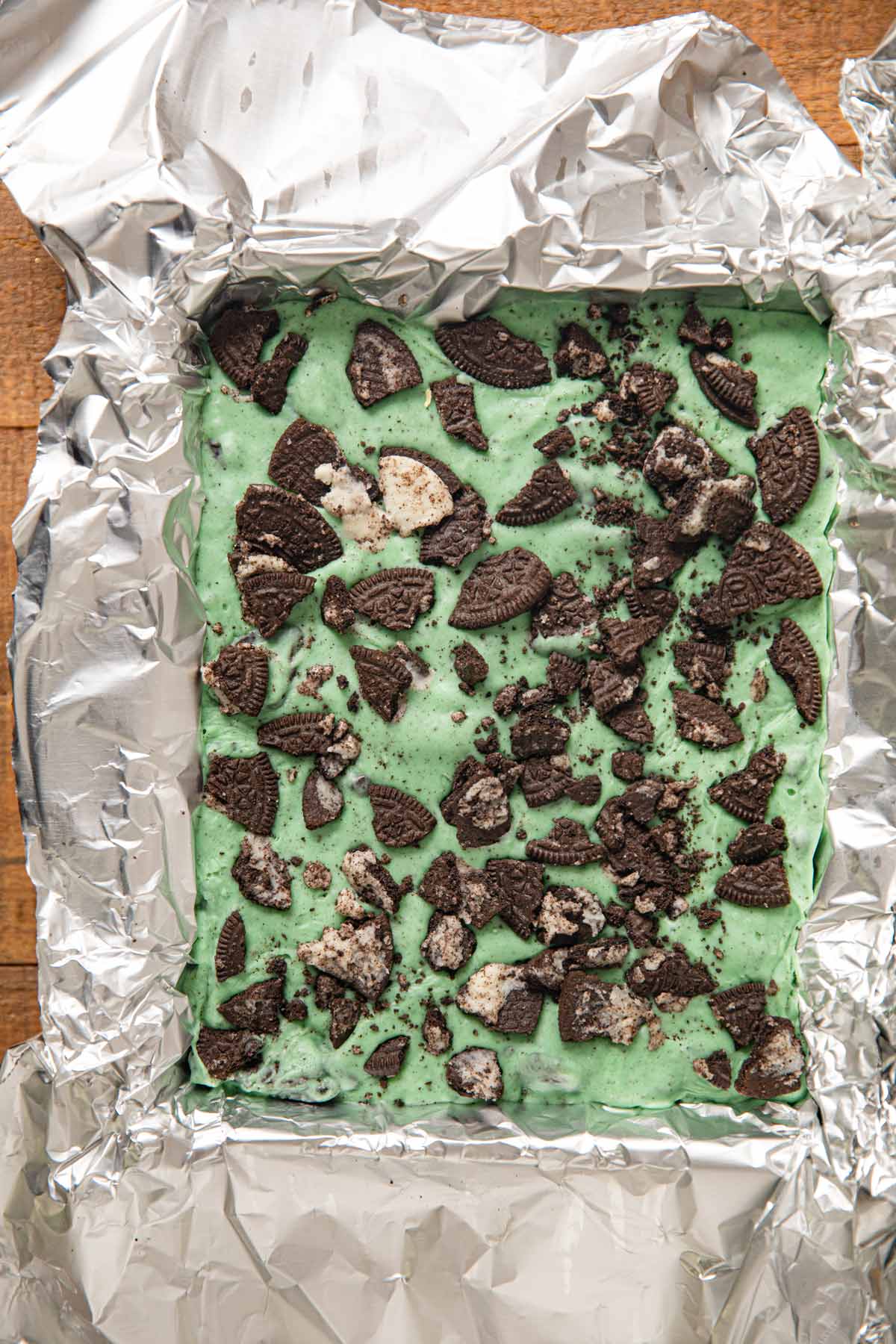 Tray of Mint Oreo Fudge lined with foil