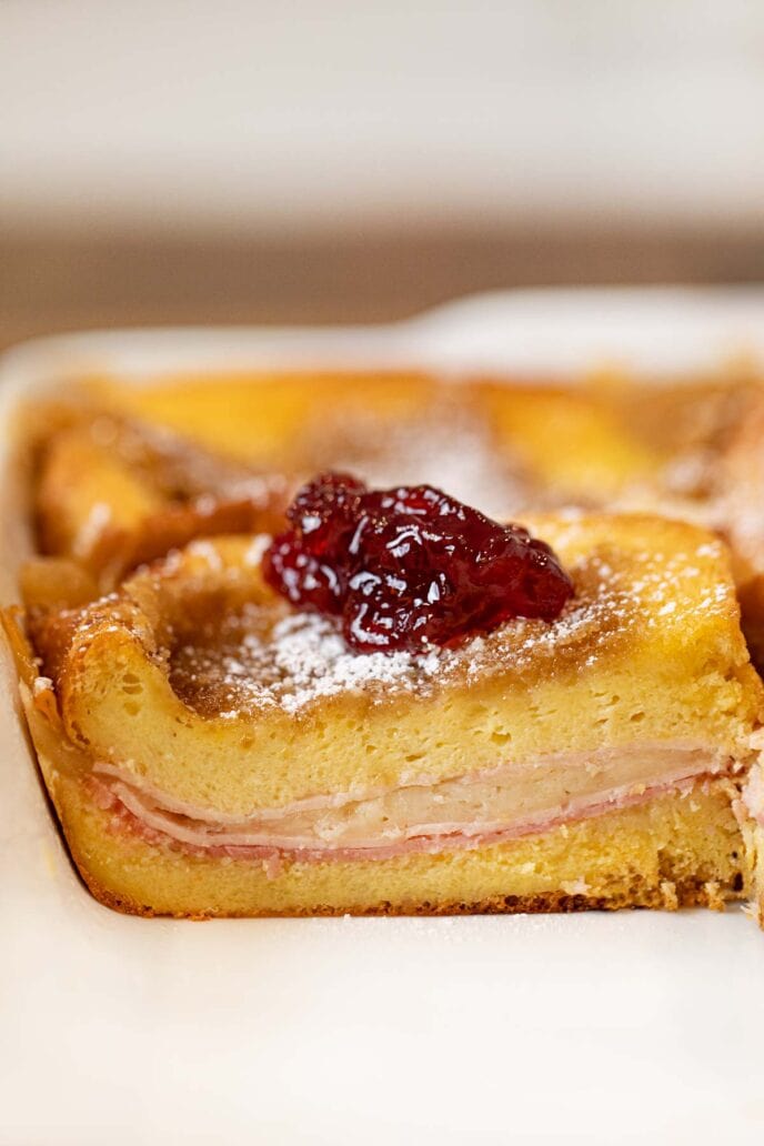 Monte Cristo Casserole cross-section in baking dish