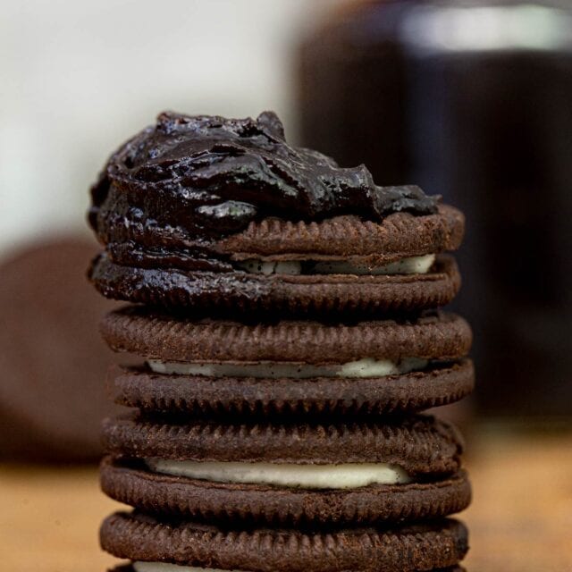 Oreo Cookie Butter on stack of oreos