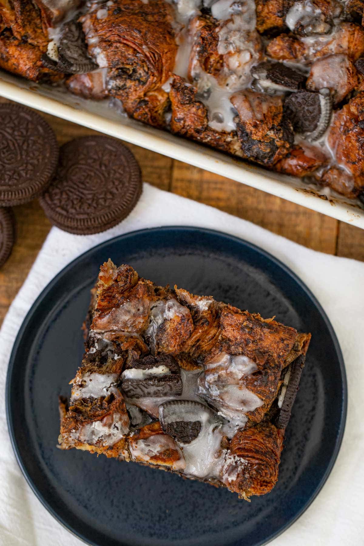 Top down photo of Oreo Croissant Bread Pudding