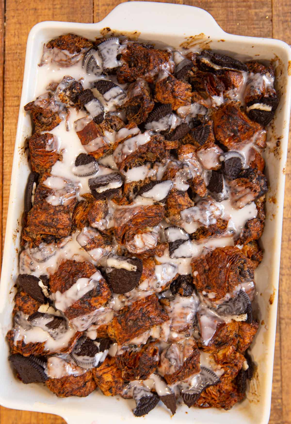 Oreo Croissant Bread Pudding in baking dish after baking