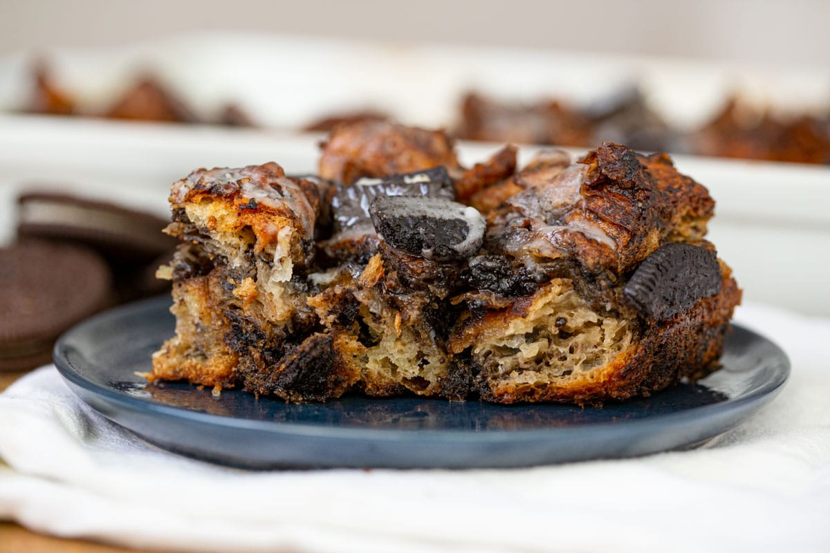 cropped photo of Oreo Croissant Bread Pudding