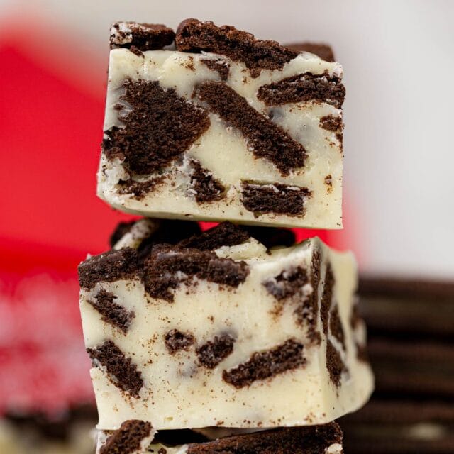 Oreo Fudge in square cropped photo in a stack