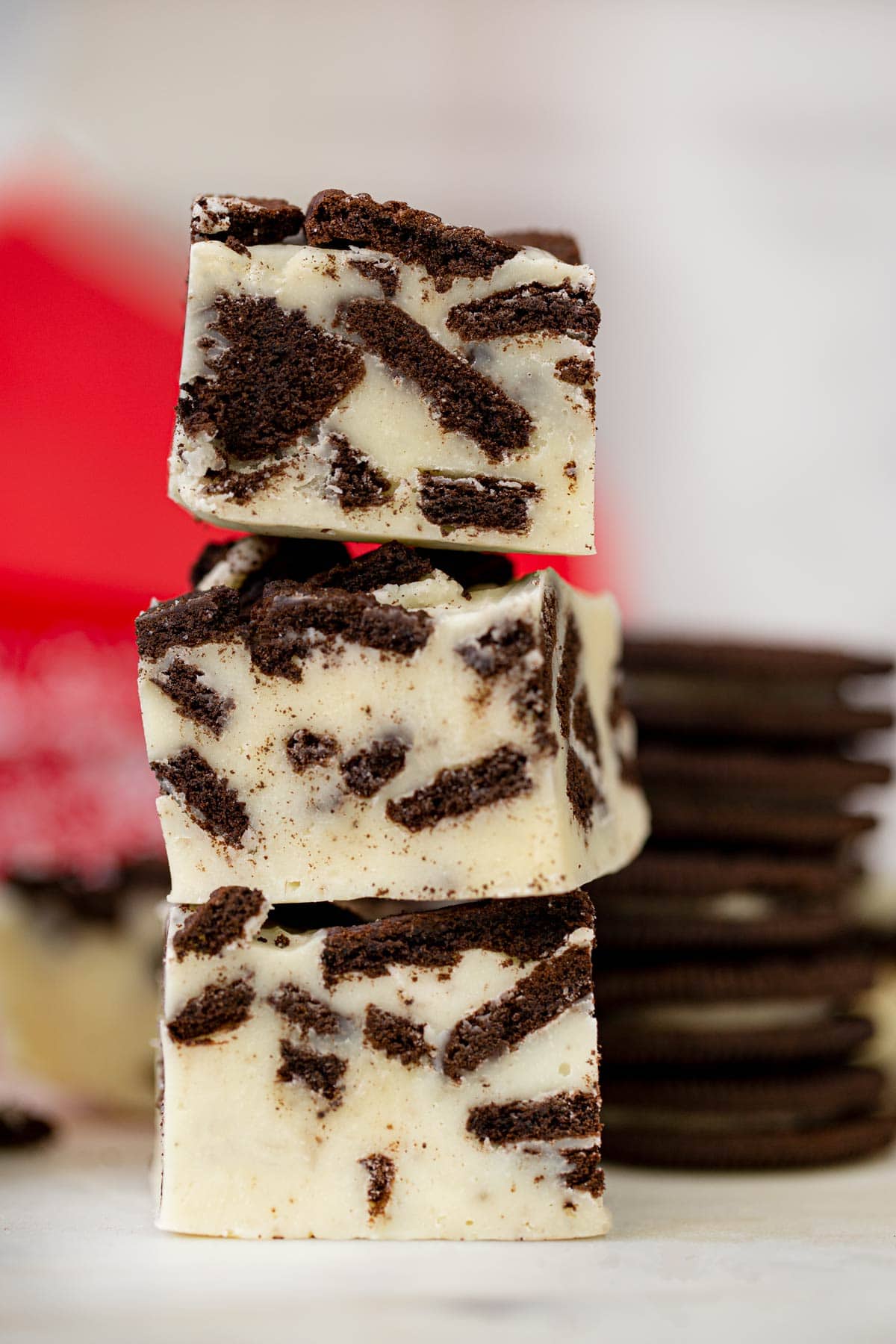 Oreo Fudge stack with Oreos behind it