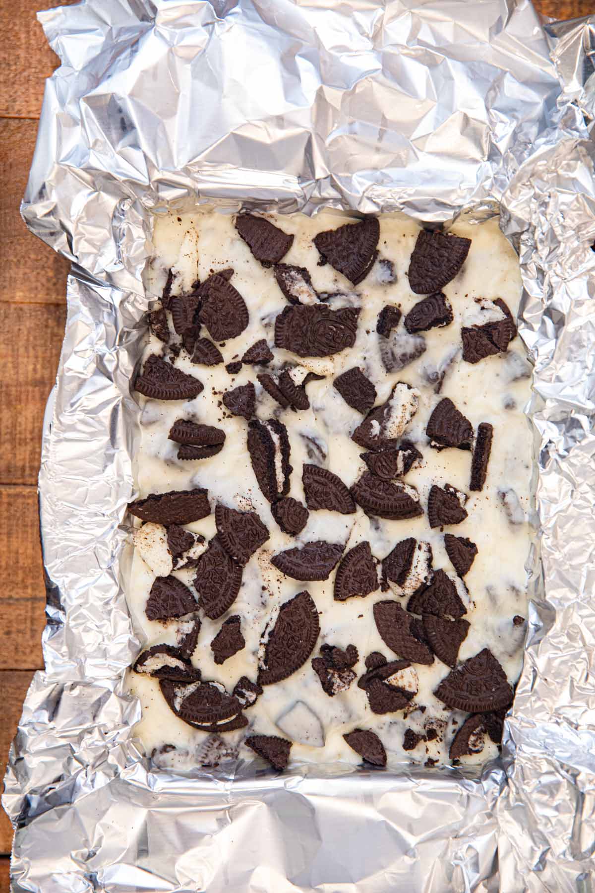 Oreo Fudge in pan lined with foil