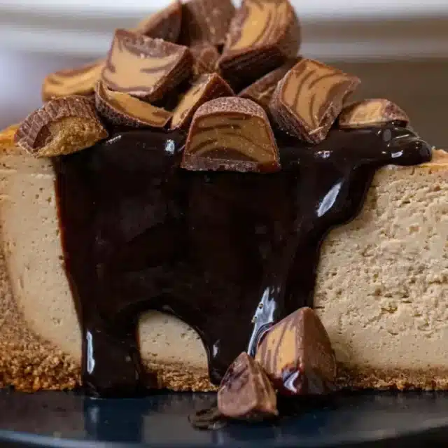 Side view of slice of cheesecake with toppings