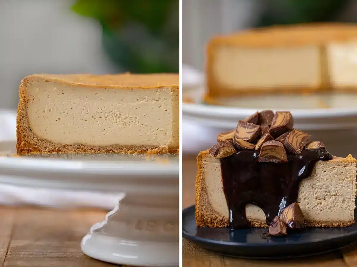 Collage of cheesecake on cake tray and slice