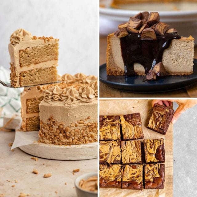 3 image grid of peanut butter layer cake, chocolate peanut butter cheesecake and peanut butter swirl brownies.