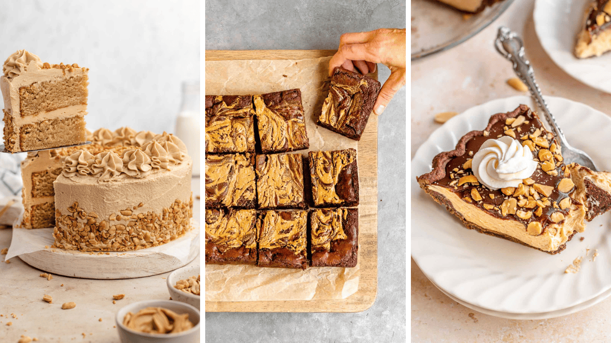3 image collage of peanut butter cake, peanut butter swirl brownies, and chocolate peanut butter pie