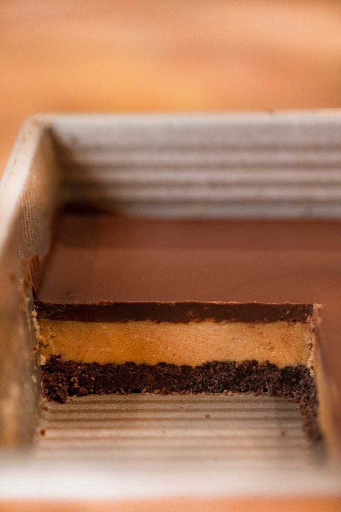 Section of Peanut Butter Oreo Bars in baking pan