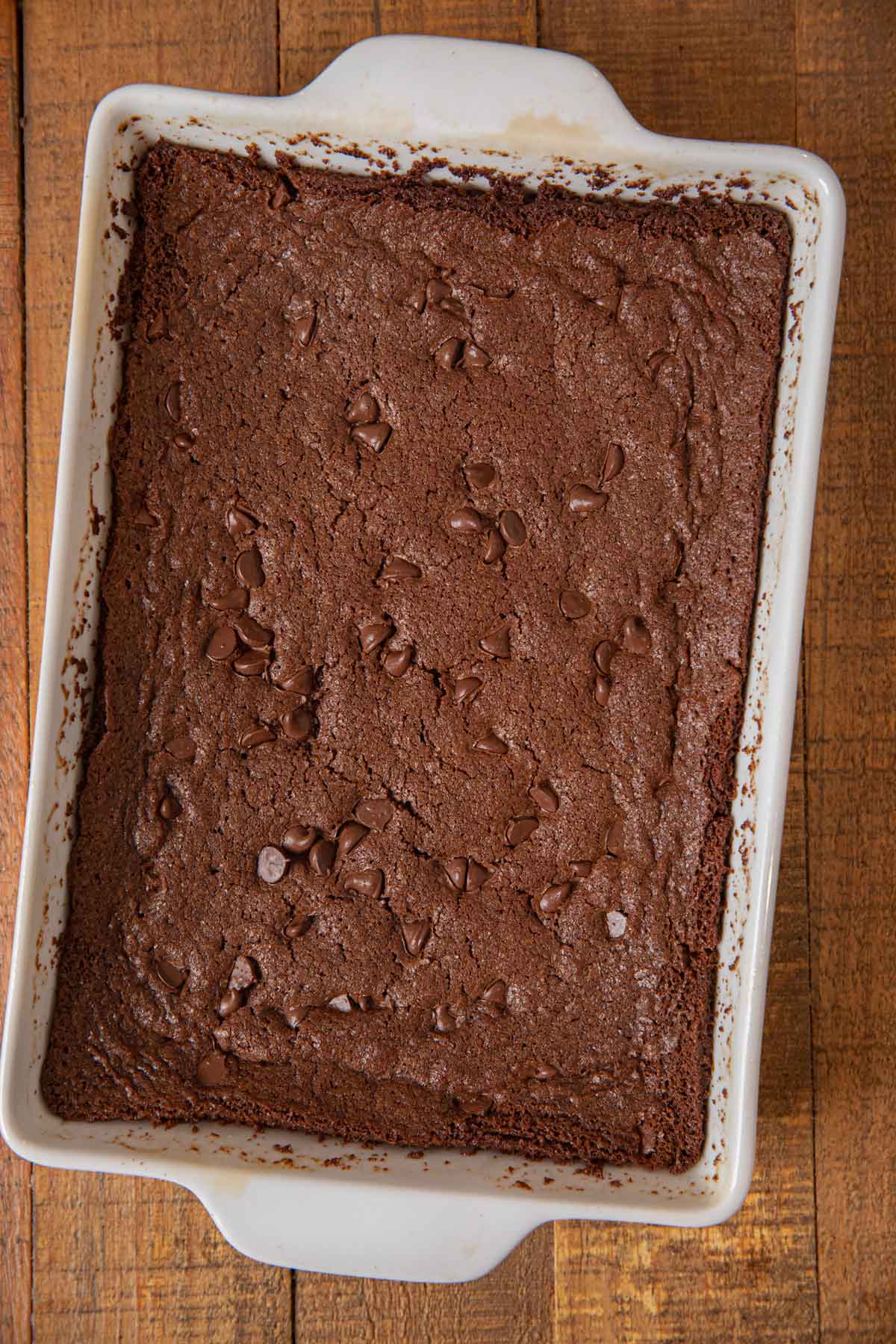 top-down view of Peppermint Bark Brownies brownie layer in baking dish