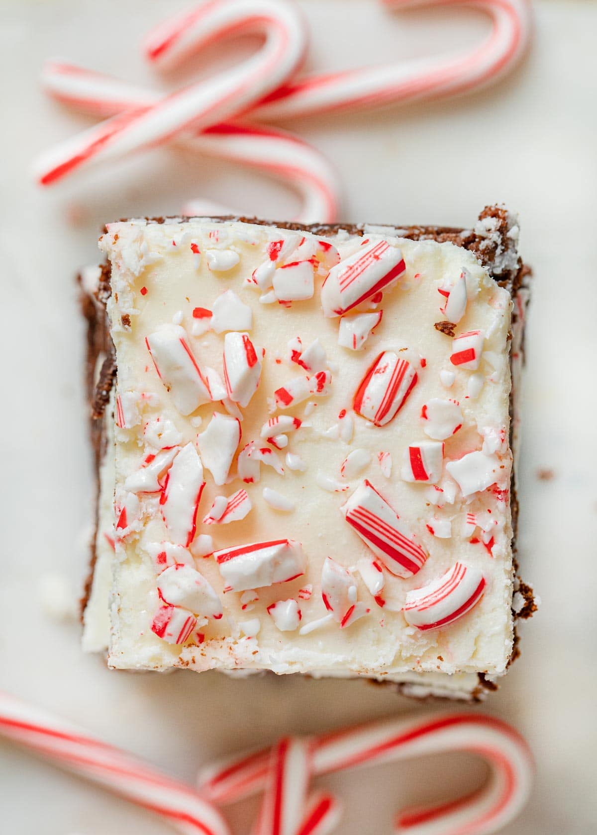 top-down view of Peppermint Bark Brownies in stack