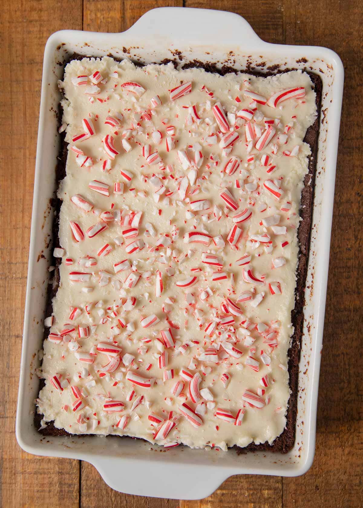 top-down view of Peppermint Bark Brownies in baking dish