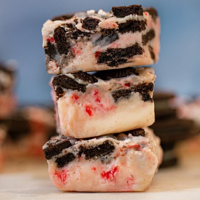White Chocolate Oreo Peppermint Fudge in a small stack