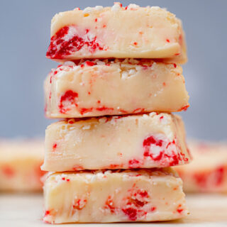 White Chocolate Peppermint Fudge in a stack