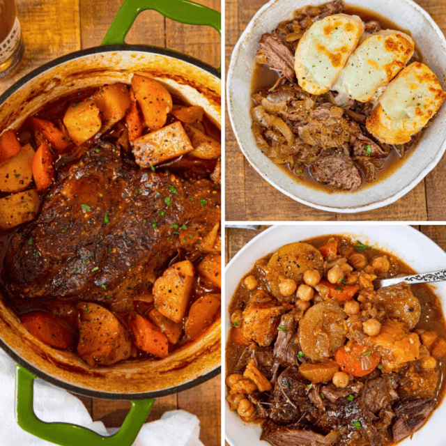 Collage of 3 pot roast recipes. 1 in pot and 2 plated