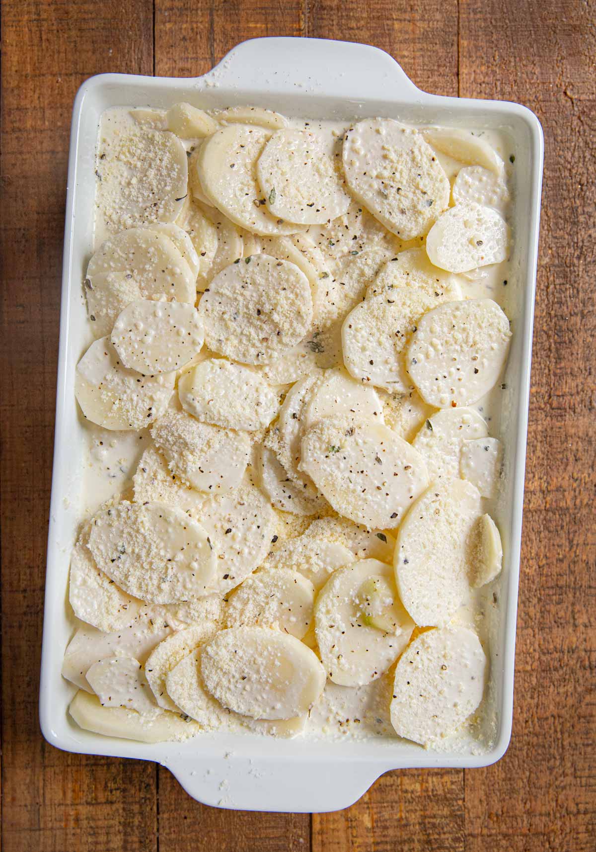 Potatoes Au Gratin in baking dish before cooking