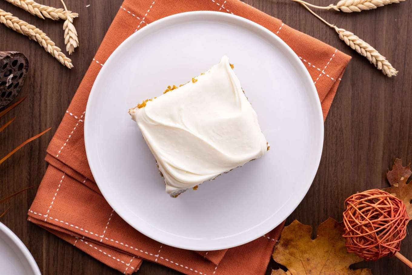 Pumpkin Sheet Cake slice on plate