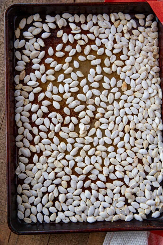 Roasted Pumpkin Seeds on baking sheet