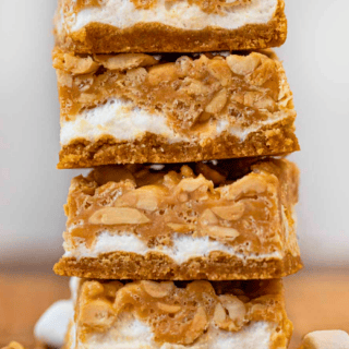 peanut marshmallow dessert squares stacked on one another
