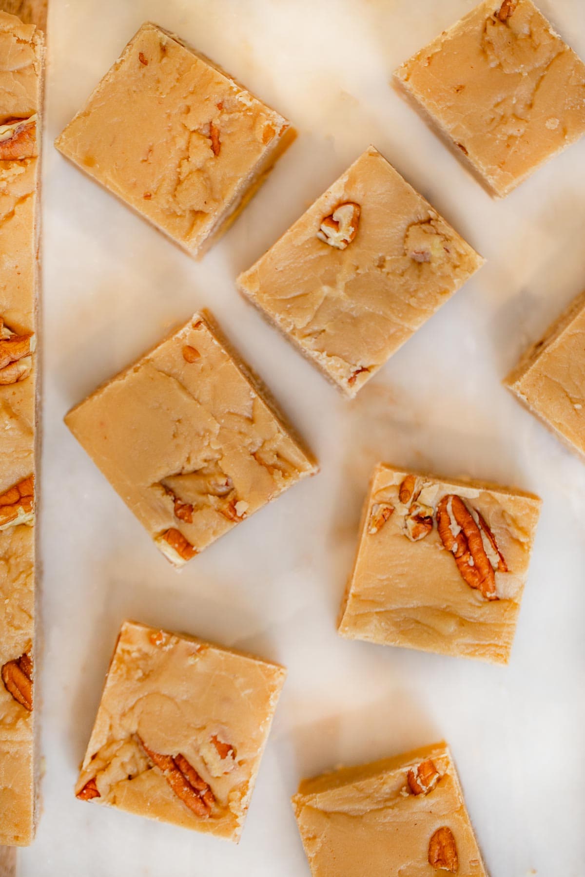 See's Bordeaux Pecan Fudge pieces on cutting board