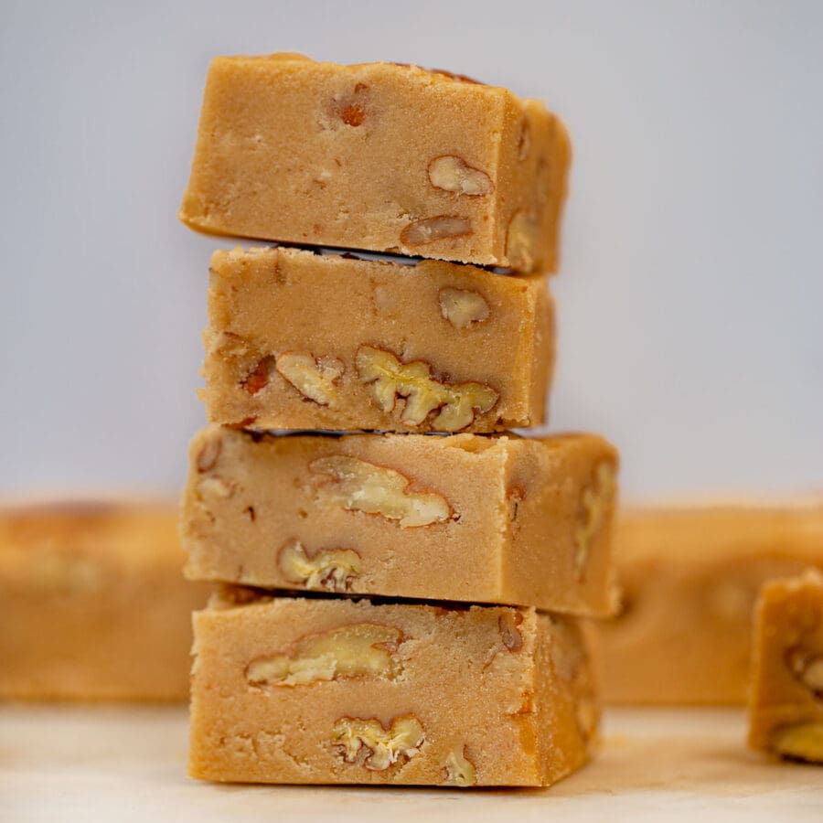 See's Bordeaux Pecan Fudge in stack