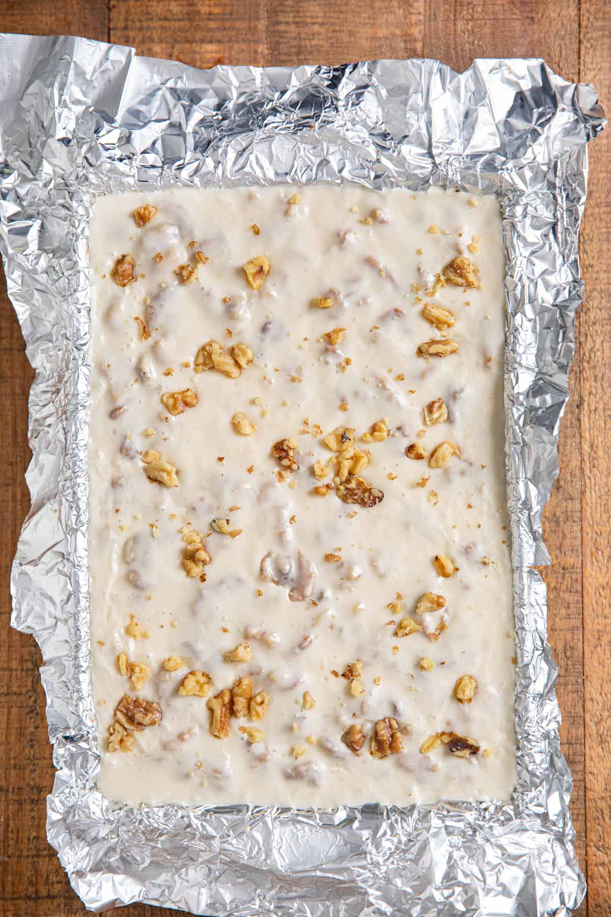 See's Vanilla Walnut Fudge in foil-lined baking dish