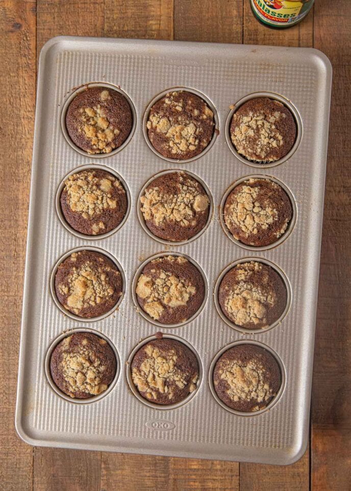 Shoofly Muffins in muffin tin, top-down