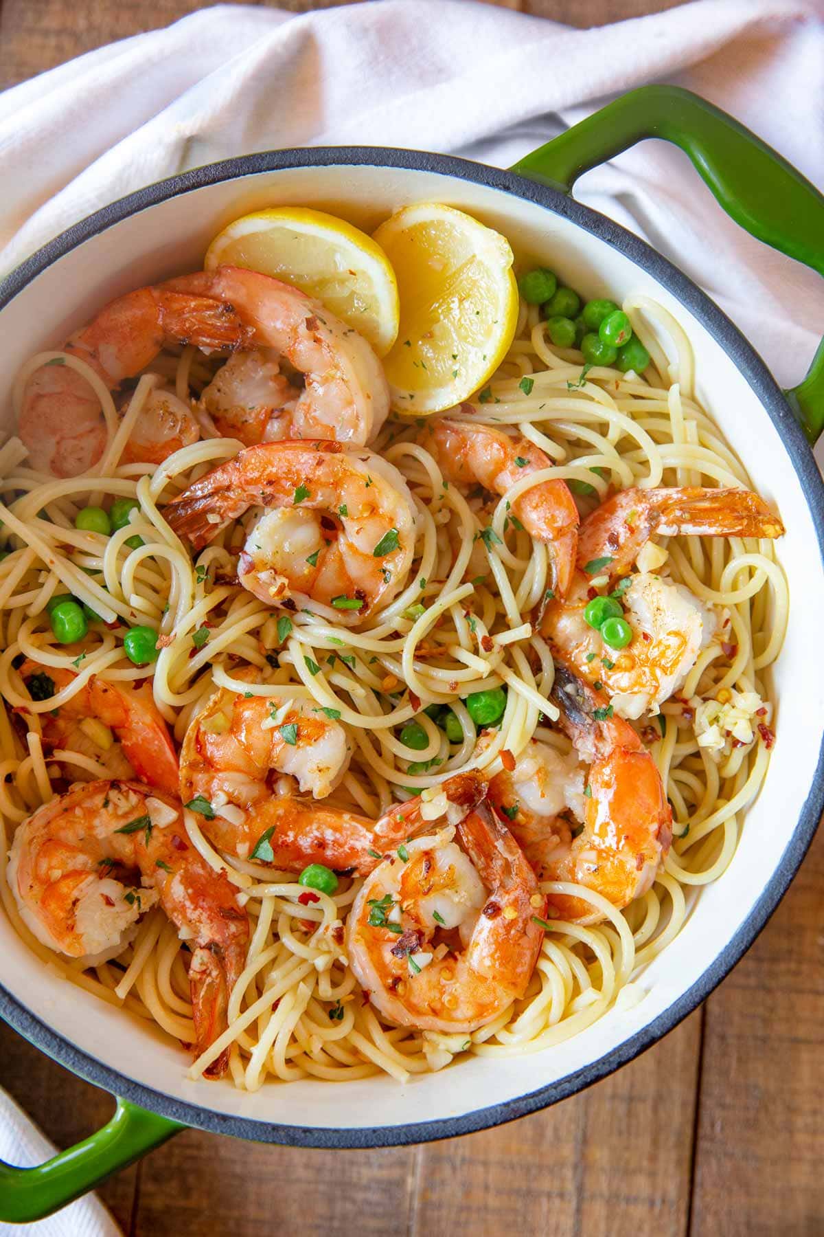 top down photo of Shrimp Scampi Pasta with peas
