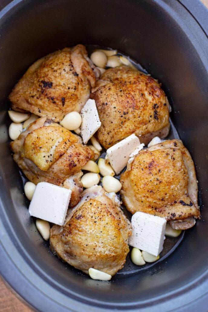 Slow Cooker 40 Clove of Garlic Chicken in crock pot before cooking