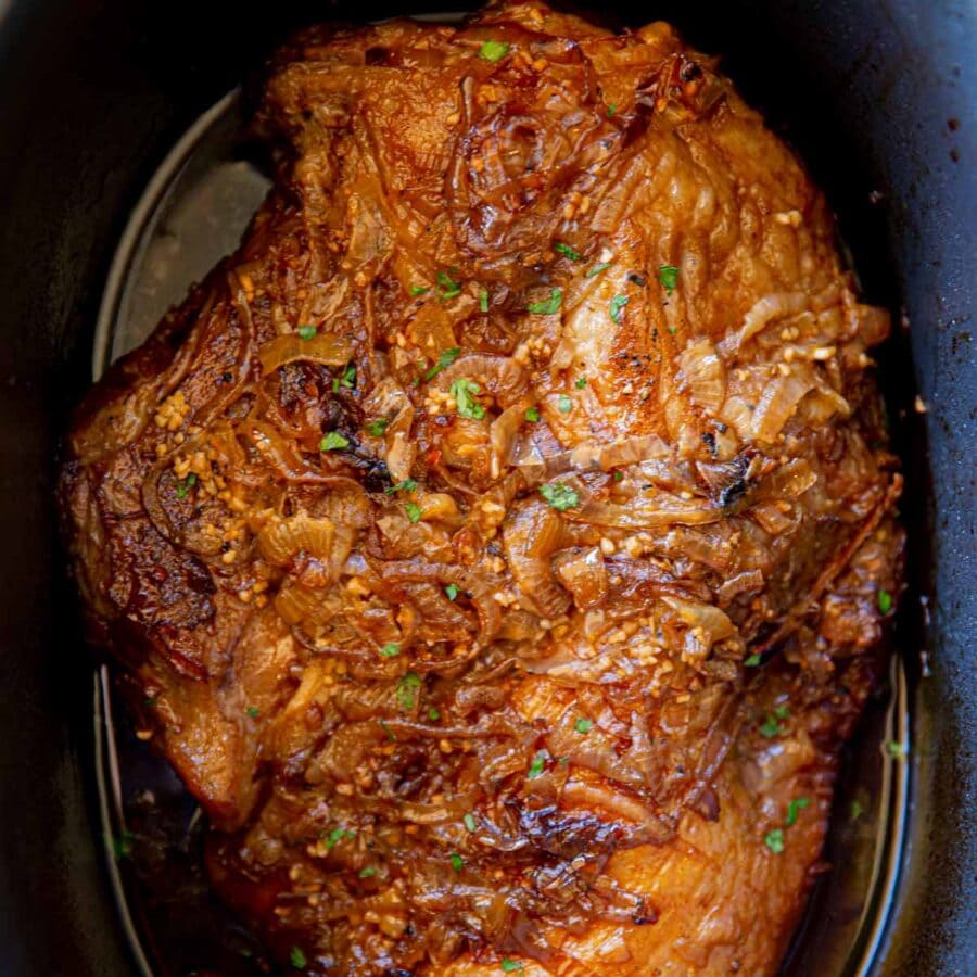Slow Cooker Beer and Onion Brisket in crock pot