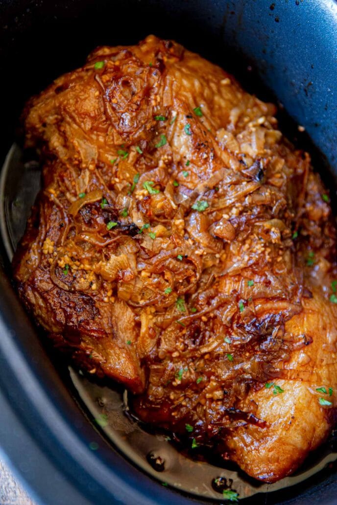 Slow Cooker Beer and Onion Brisket in crock pot