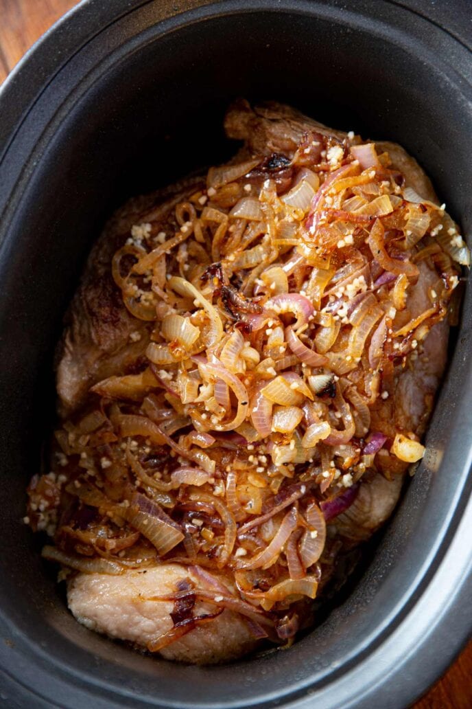 Slow Cooker Beer and Onion Brisket in crock pot before cooking