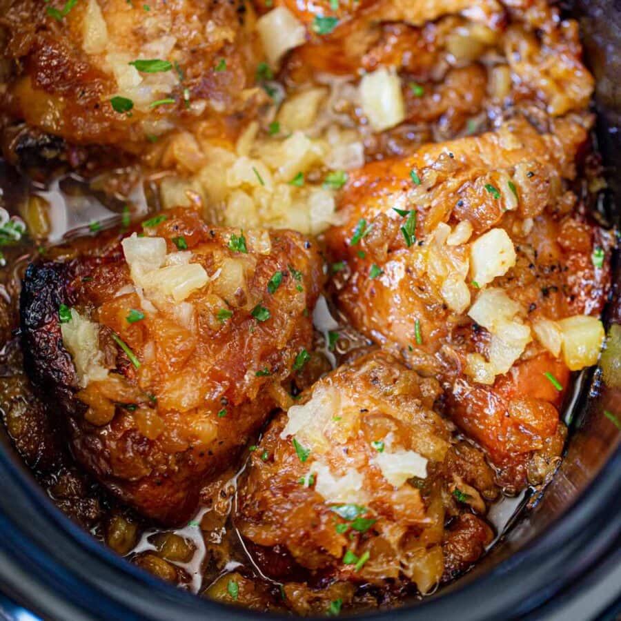 Slow Cooker Brown Sugar Pineapple Chicken in crockpot
