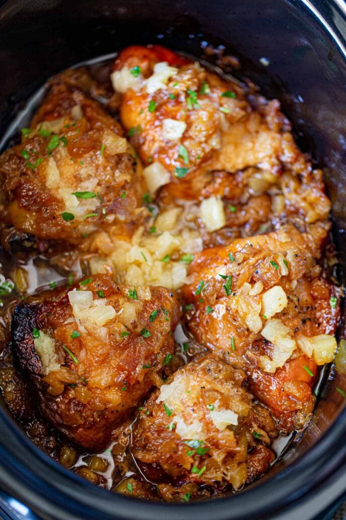 Slow Cooker Brown Sugar Pineapple Chicken in crockpot