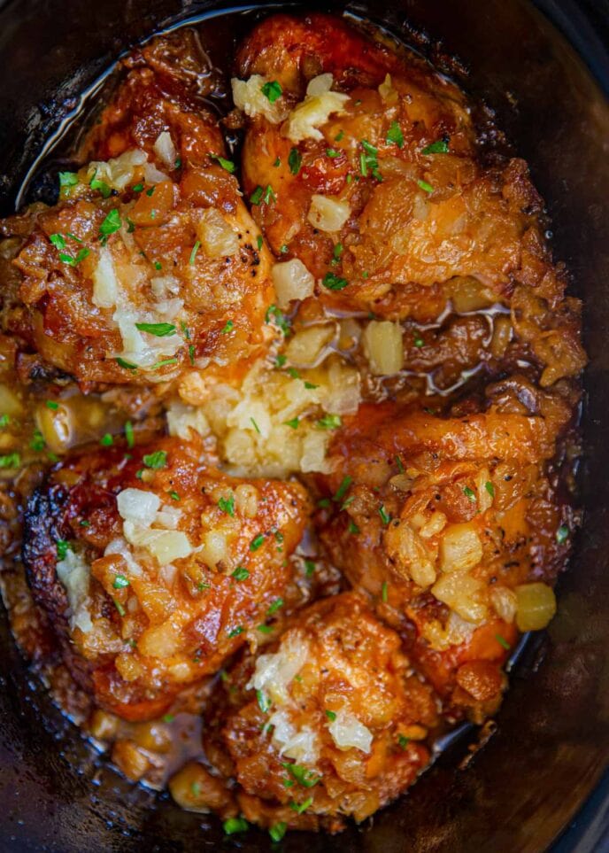 Slow Cooker Brown Sugar Pineapple Chicken in crockpot