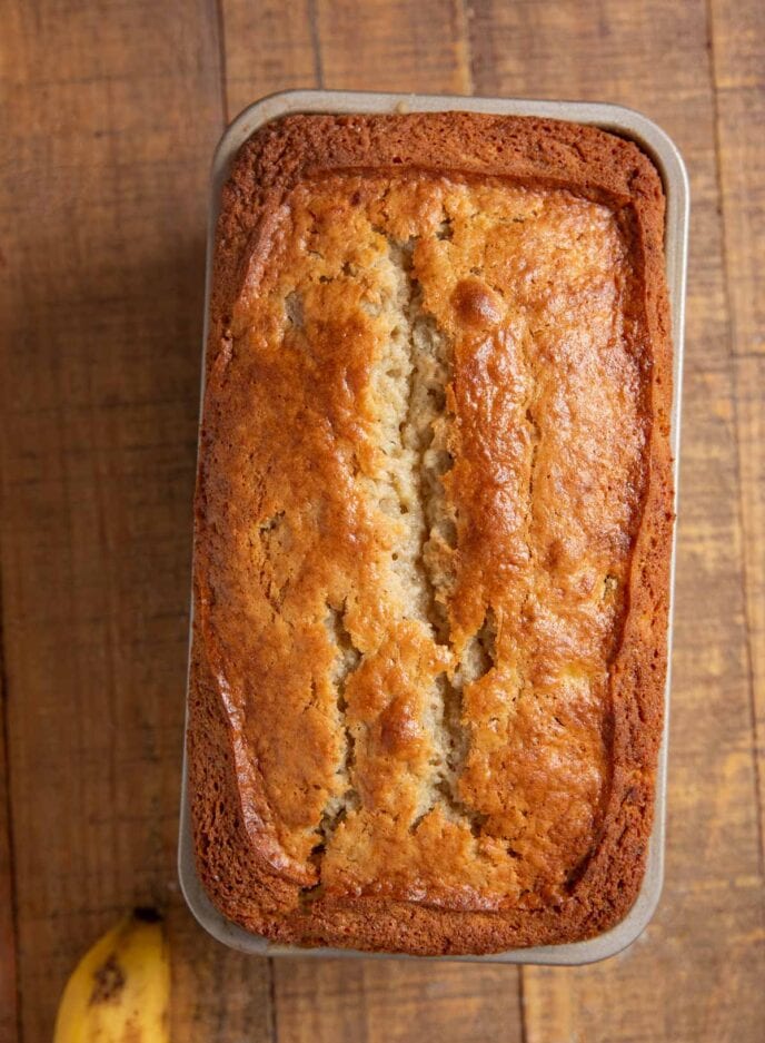 top-down view of Sour Cream Banana Bread in loaf pan