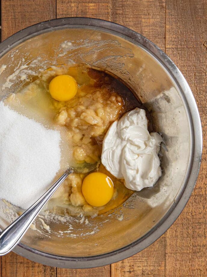 Sour Cream Banana Bread ingredients in bowl