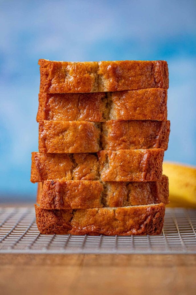 Sour Cream Banana Bread slices in stack