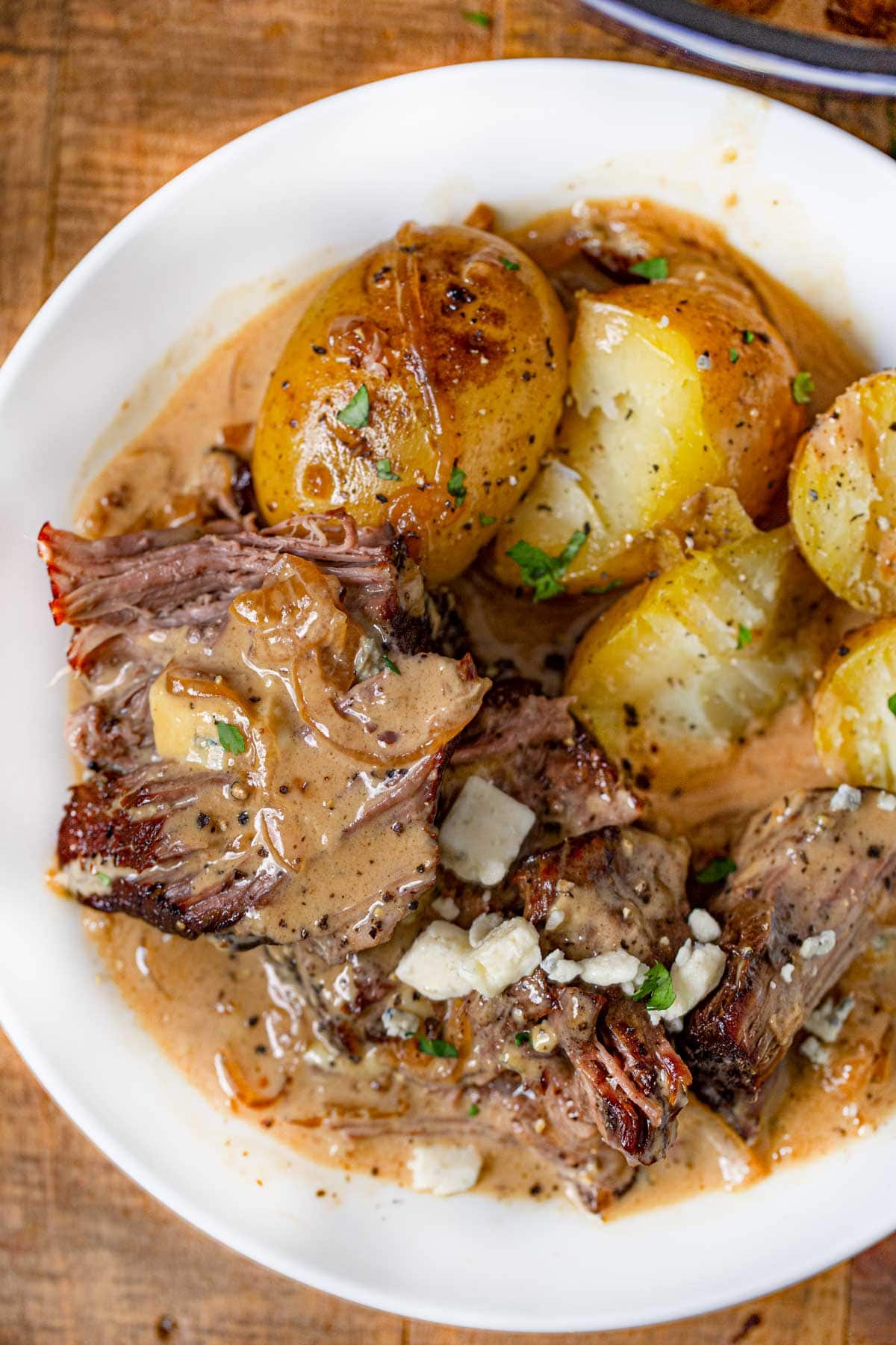 Steakhouse Pot Roast with Baked Potatoes and Blue Cheese Gravy