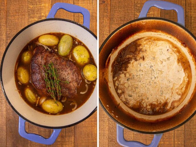 Steakhouse Pot Roast with cream being added to pot