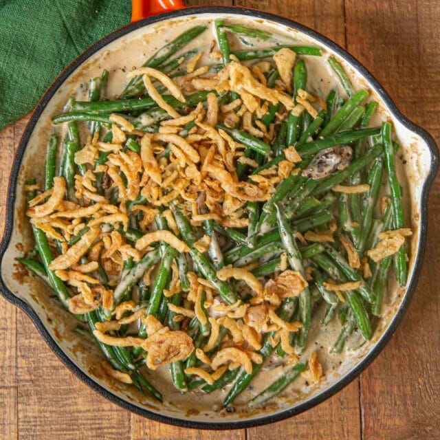Stovetop Green Bean Casserole in skillet with French onions