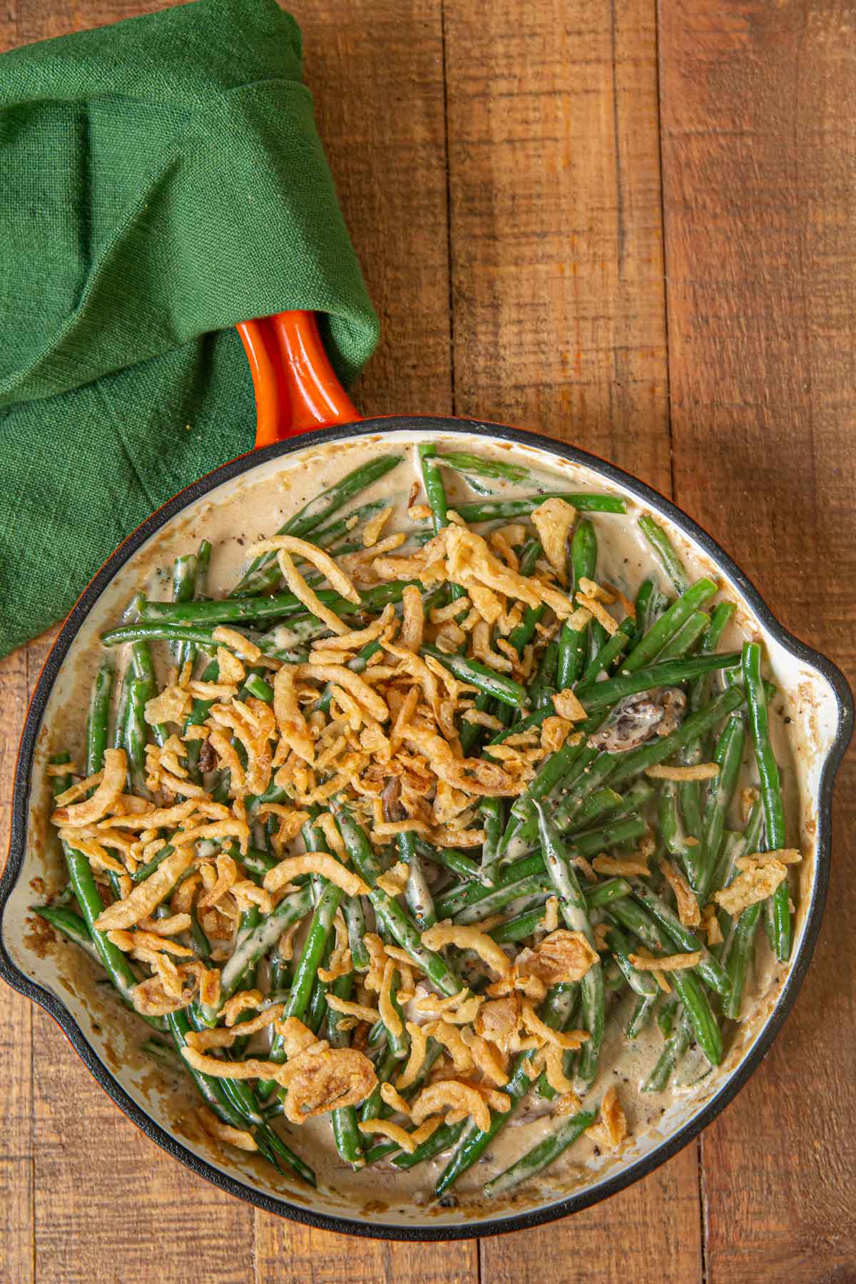 Stovetop Green Bean Casserole in skillet with French onions