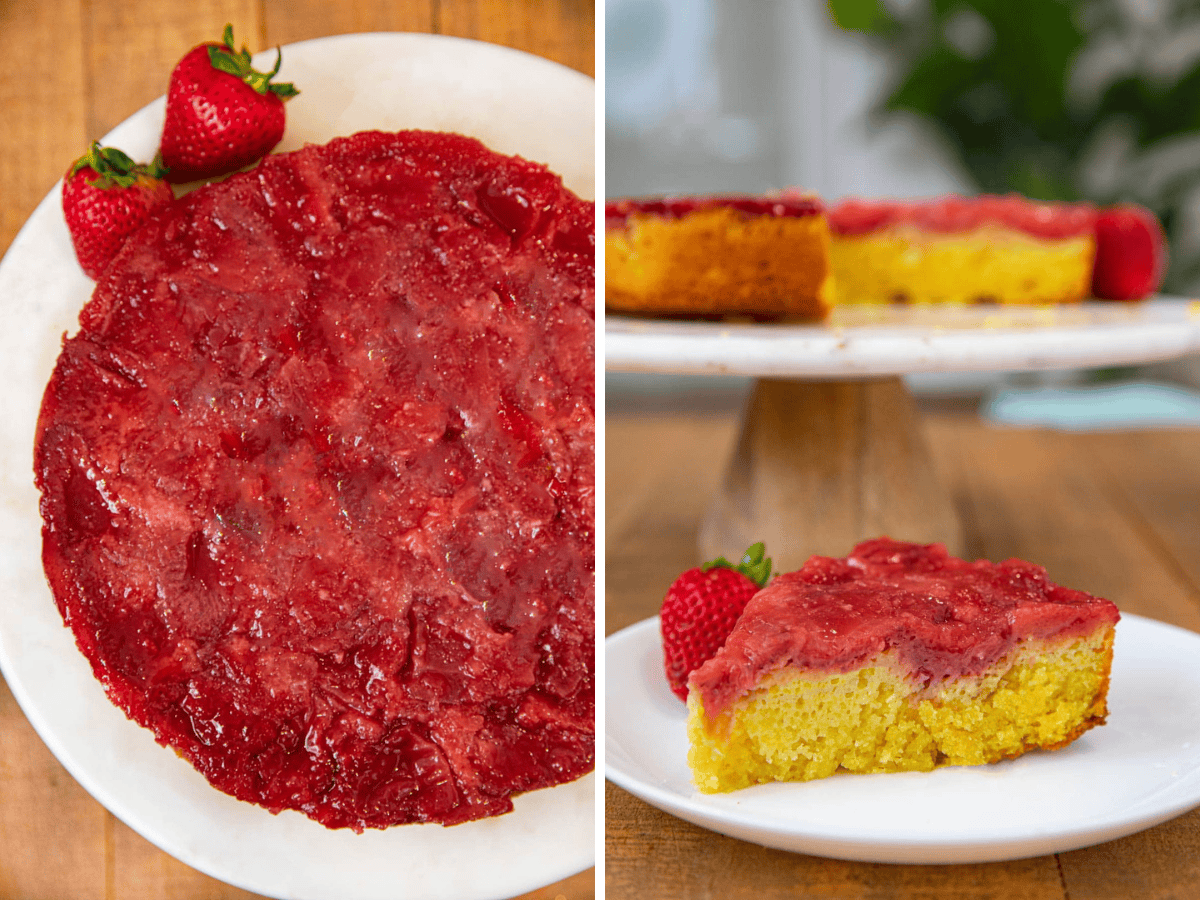 collage of finished cake and slice of cake