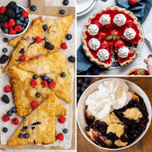 3 recipe grid collage of berry turnovers, strawberry jello pie, and blueberry cobbler.
