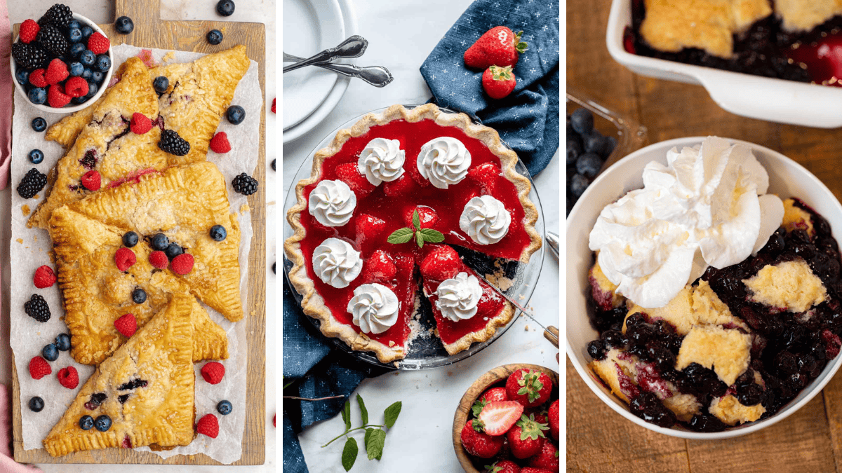 3 recipe collage of berry turnovers, strawberry jello pie, and blueberry cobbler.