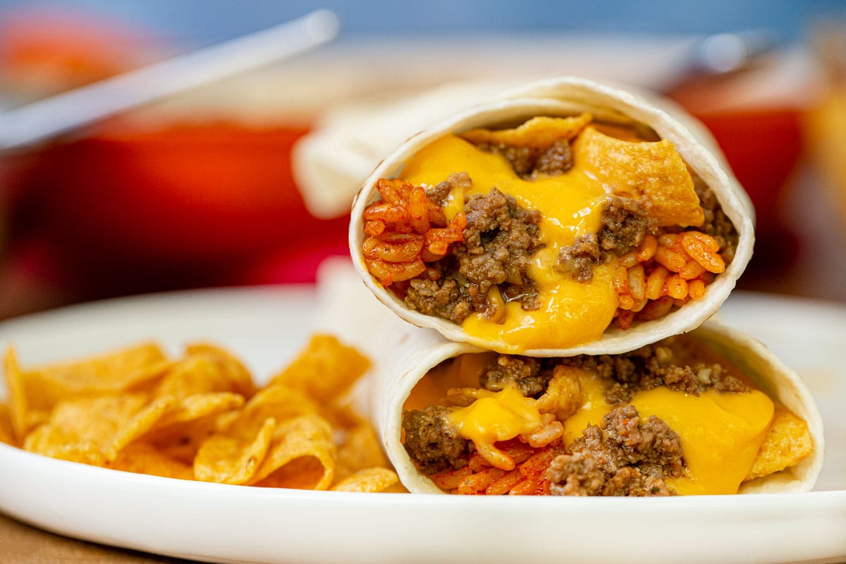 Taco Bell Beefy Fritos Burrito on plate with Fritos