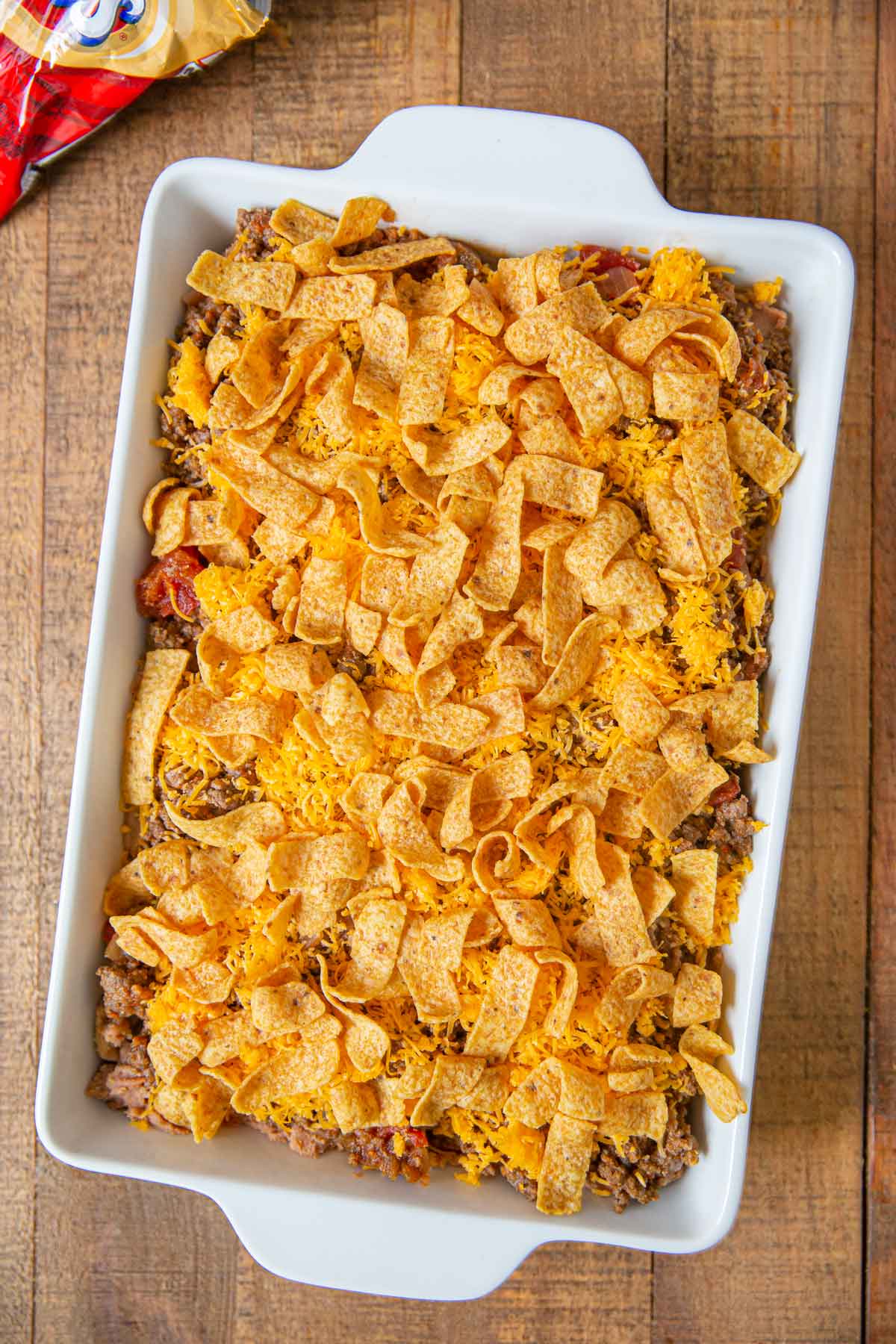 Taco Casserole before baking in baking dish