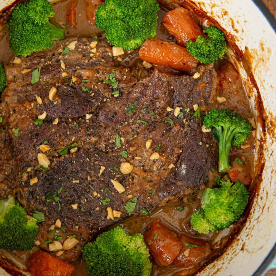 Thai Peanut Pot Roast in blue pot