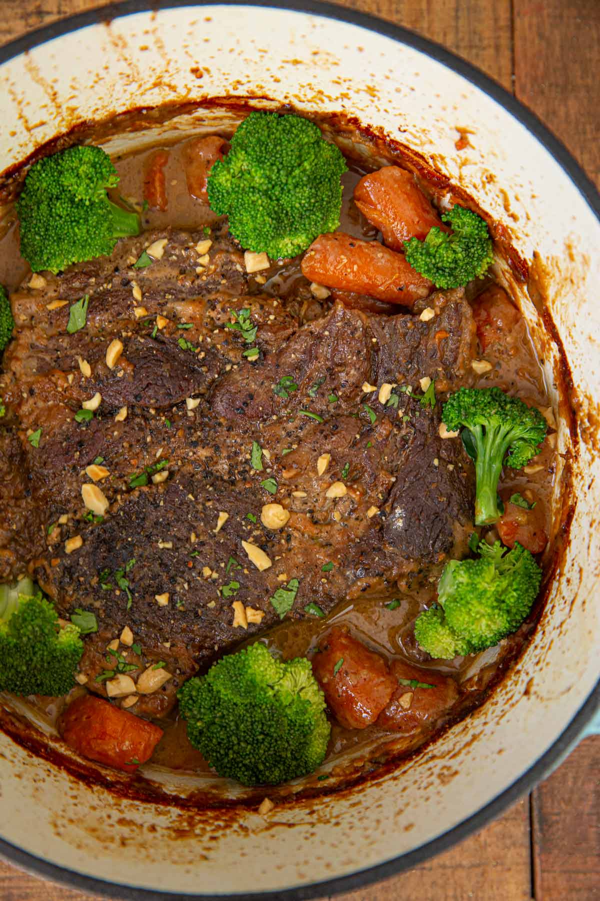 Thai Peanut Pot Roast in blue pot